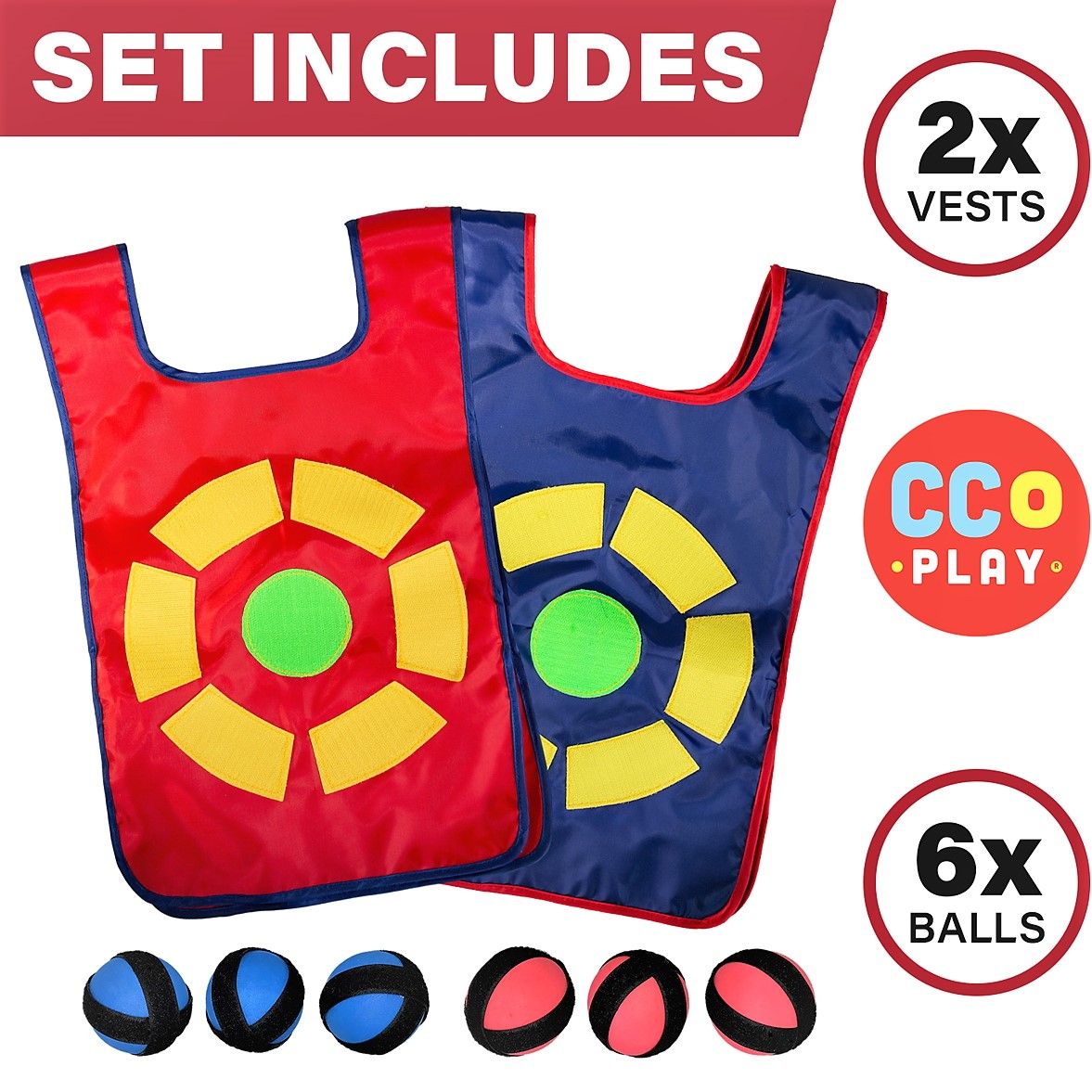 Set includes: 2 vests and 6 balls