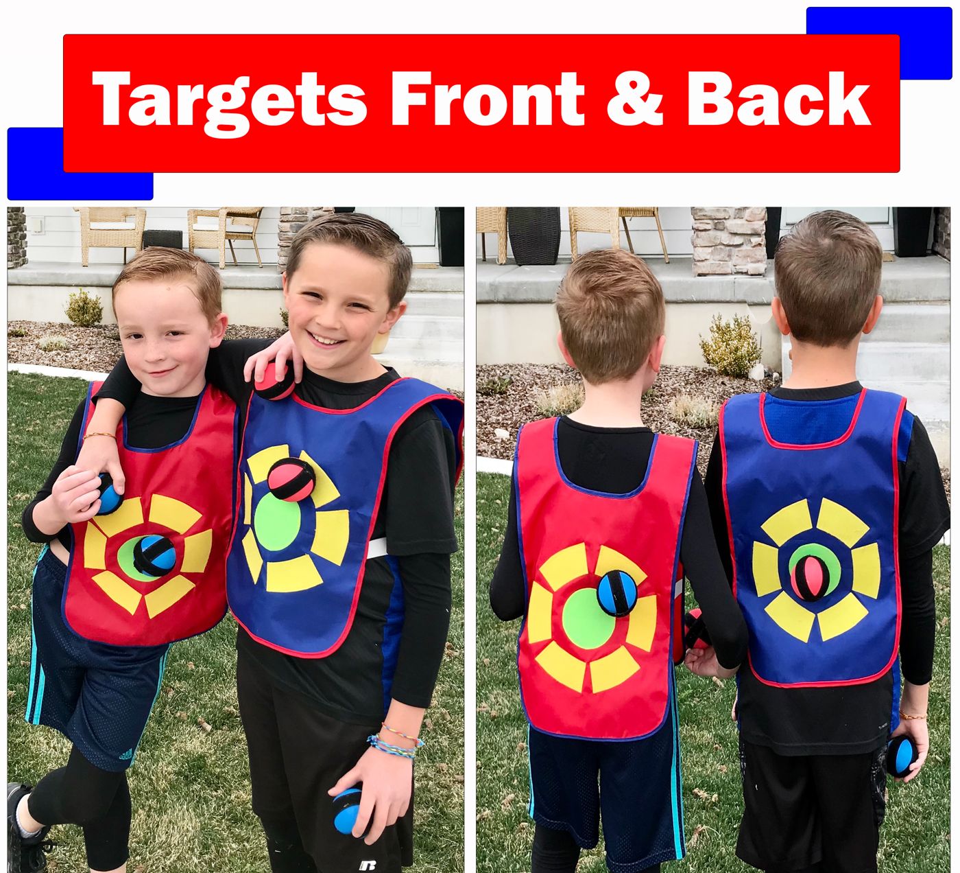 Two boys in red and blue vests shown from the front and from the back, with sticky balls stuck to the targets on both sides