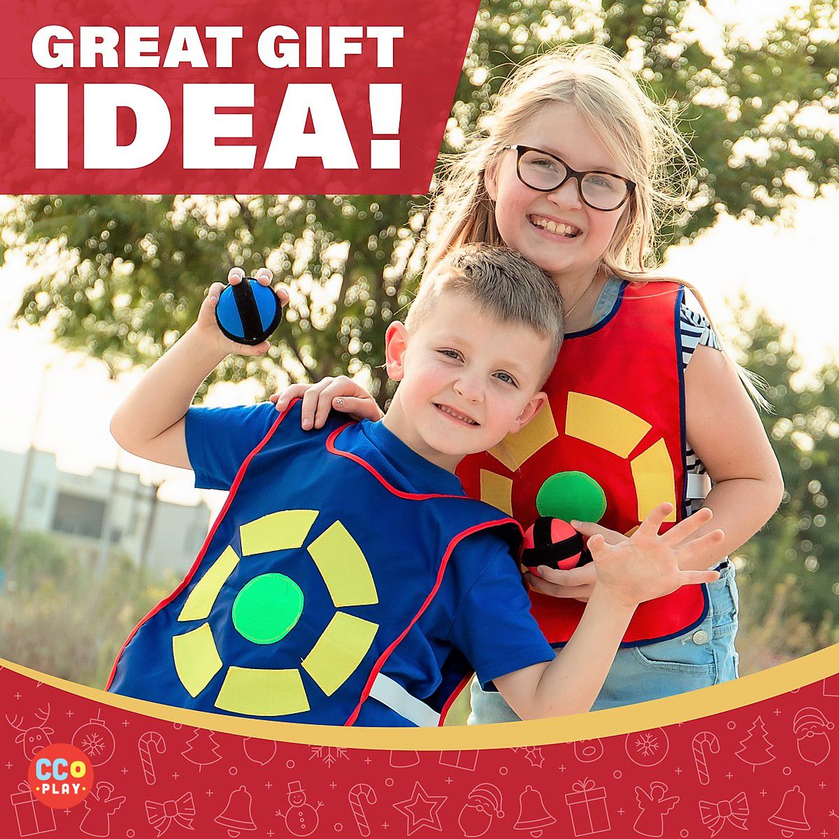 Great gift idea: a brother and sister in CC O Play target vests, framed with a holiday pattern