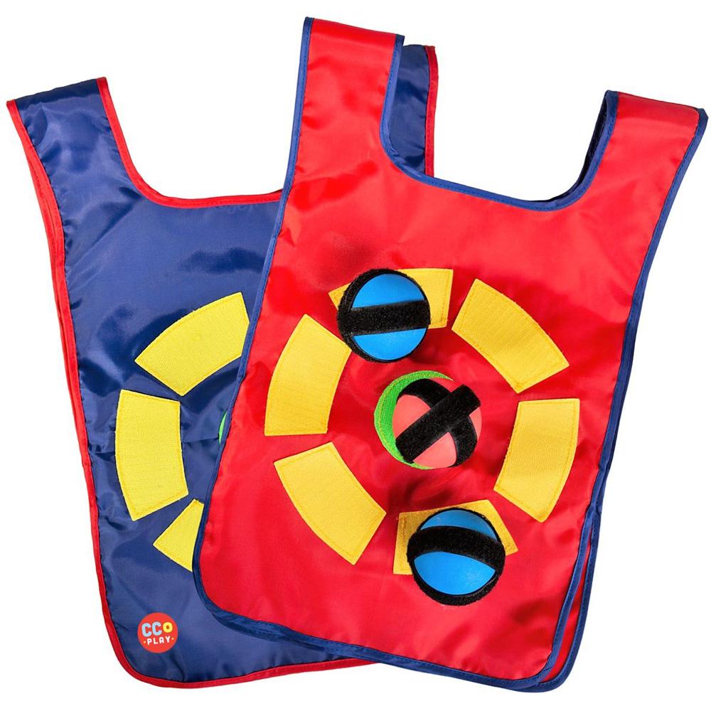 Red and blue vests with three balls stuck to the red target