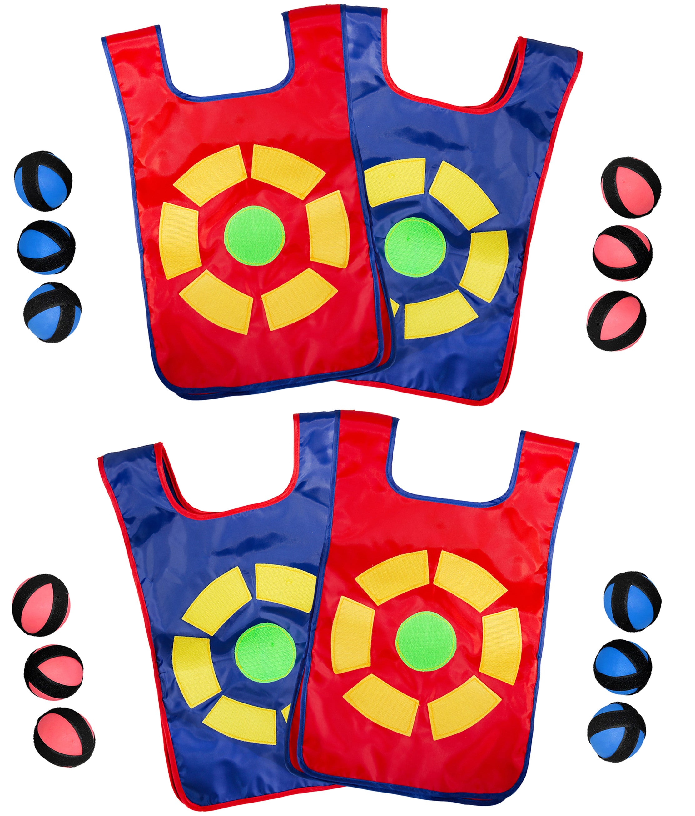 Four target vests, two red and two blue, with twelve sticky balls