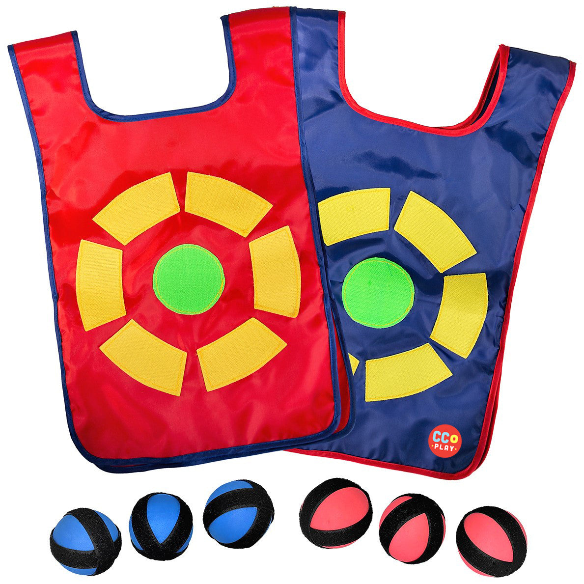 Red and blue target vests with three blue and three red sticky balls